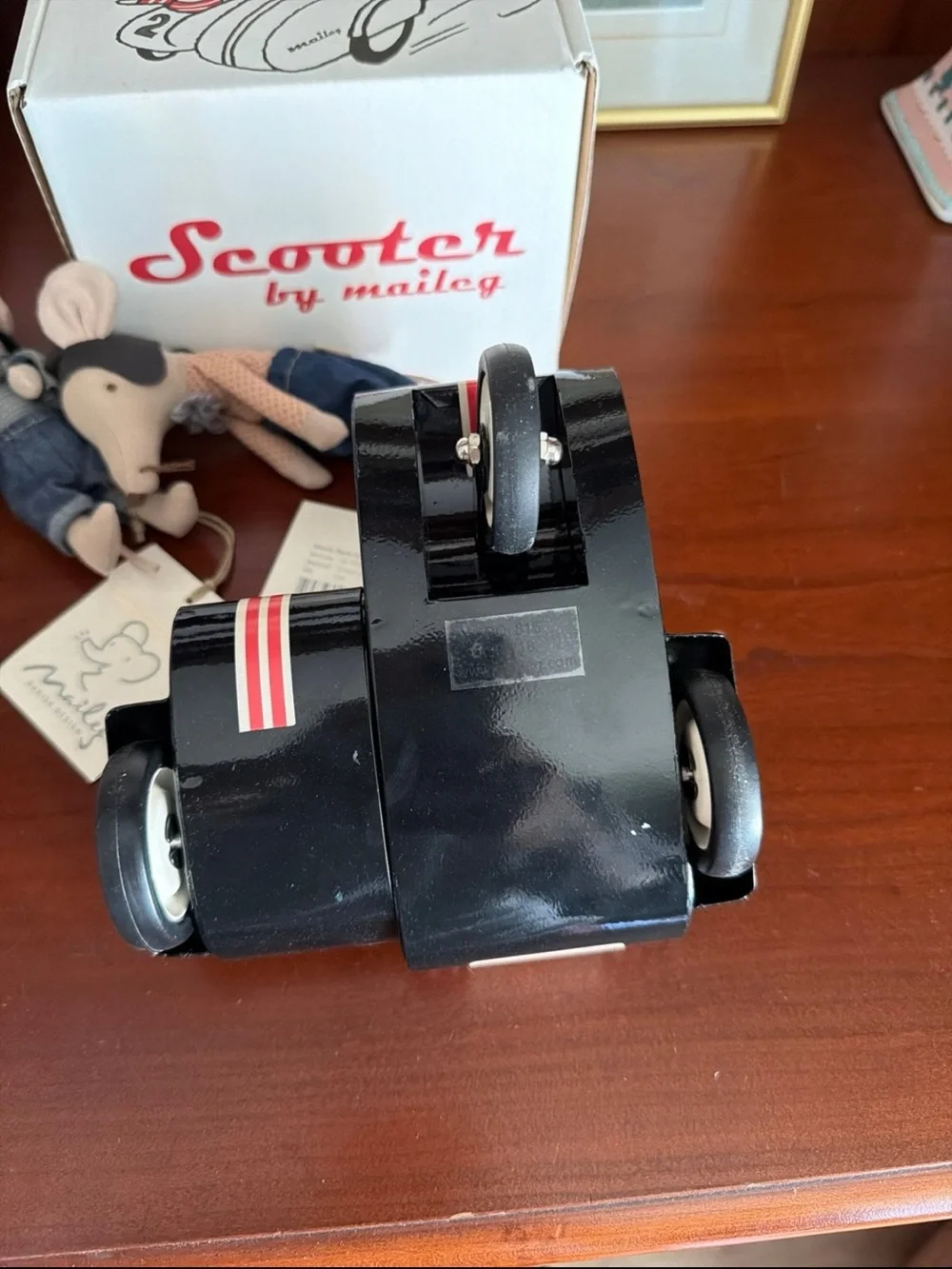 Maileg new in box retired scooter and dad and brother racing mouse